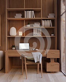 A modern, luxury private office or home office with a laptop computer mockup on a wooden desk