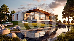 Modern luxury residential house with pool and landscaped garden at sunset