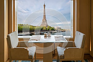 Modern luxury restaurant interior with romantic sence Eiffel Tow