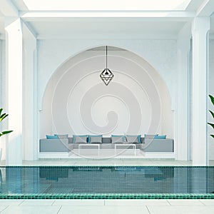 Modern luxury riad living room garden and swimming pool in courtyard, morocco style - 3D render