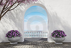 Modern luxury scandinavian white arch gate to terrace 3d render