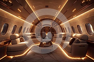 Modern Luxury in the Sky: Elegant Private Jet Interior. Concept Luxurious Travel, Private Jet,