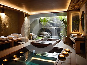 modern luxury spa swimming pool with wooden deck and candles