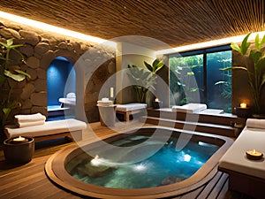 modern luxury spa swimming pool with wooden deck and candles