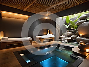 modern luxury spa swimming pool with wooden deck and candles