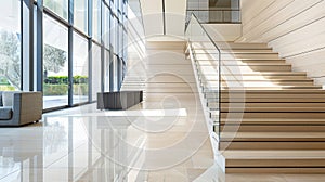 Modern Luxury Staircase in a Bright, Sunlit Lobby. Spacious modern office building