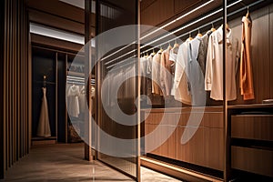 Modern luxury style warm wood walk in closet, minimal walk in wardrobe dressing room interior. generative ai