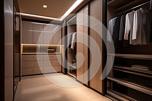 Modern luxury style warm wood walk in closet, minimal walk in wardrobe dressing room interior. generative ai