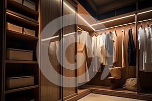 Modern luxury style warm wood walk in closet, minimal walk in wardrobe dressing room interior. generative ai