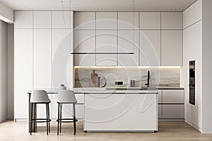 Modern luxury stylish kitchen interior with wooden floor, stone island and chair with dining table. White countertops