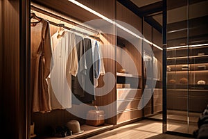Modern luxury stylish warm wood walk in closet dressing room, minimal walk in wardrobe cloakroom interior. generative ai
