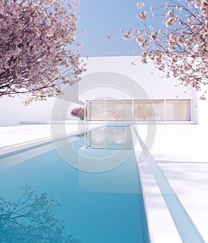 Modern Luxury Summer Home Minimalist Mansion Villa Large Exterior with Cherry Blossom Tree and White Stone Slab Garden