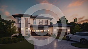 Modern luxury two-story villa with white walls, large windows, a garage, a neat lawn and a car in the parking lot in