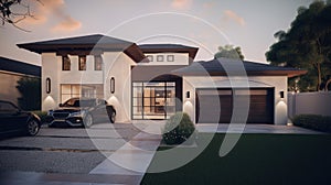 Modern luxury two-story villa with white walls, large windows, a garage, a neat lawn and luxury cars in the parking lot