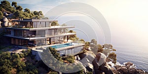 Modern luxury vacation villa house on mountain with beautiful ocean view.AI Generative