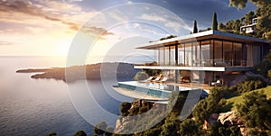 Modern luxury vacation villa house on mountain with beautiful ocean view.AI Generative