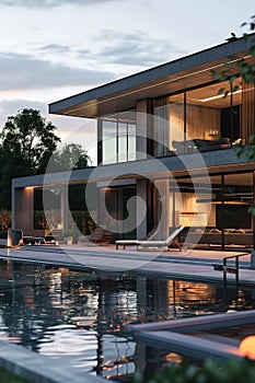 modern luxury villa at dusk