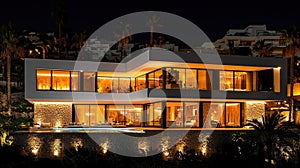 Modern luxury villa at night