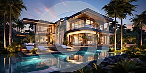 Modern luxury villa, rich mansion with pool in night lights in summer