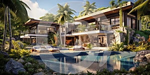 Modern luxury villa, rich mansion with pool and palm trees in summe