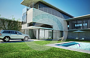 Modern luxury villa with swimming pool.