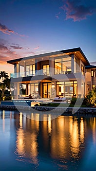 Modern Luxury Waterfront Home with Pool and Ocean View at Twilight