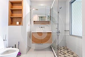 Modern luxury white bathroom interior ,There are marble floor decorated