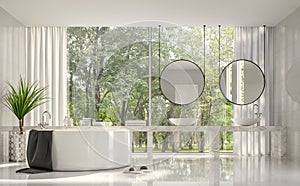 Modern luxury white bathroom with nature view 3d render