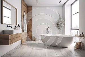 modern luxury white interior bathtub architecture bathroom wood house home indoor. Generative AI.