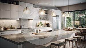 Modern luxury white kitchen. Large kitchen island with quartz stone countertop and bar stools, wooden floors, pendant