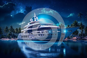 Modern luxury yacht in a tropical bay at night, generative AI