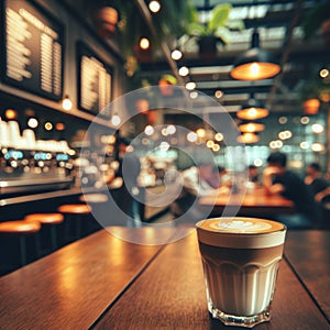 Modern macchiato in the forefront with a diffuse, artistic blur of a cafe environment behind.. AI generated. photo