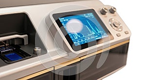 Modern machine control panel with digital touchscreen display and intuitive user interface technology white background