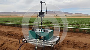 Modern machine implementing irrigation in the middle of a dirt field