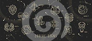Modern magic witchcraft astrology background with zodiac constellations in the night sky.
