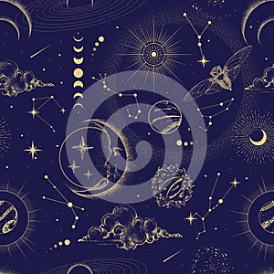 Modern magic witchcraft astrology seamless pattern with sun, stars, planets and outer space. Astrology background.