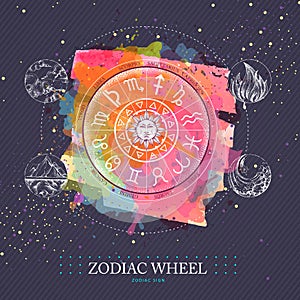 Modern magic witchcraft Astrology wheel with zodiac signs on watercolor background. Horoscope vector illustration