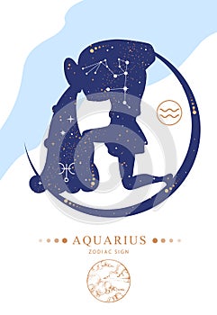 Modern magic witchcraft card with astrology Aquarius zodiac sign.