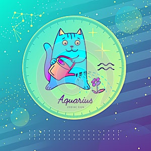 Modern magic witchcraft card with astrology Aquarius zodiac sign. Cartoon zodiac sign. Funny cat