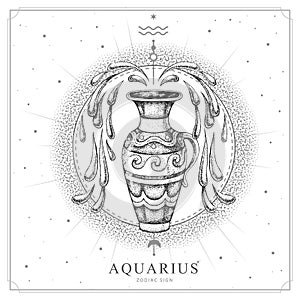 Modern magic witchcraft card with astrology Aquarius zodiac sign. Realistic hand drawing water jug illustration