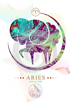 Modern magic witchcraft card with astrology Aries zodiac sign with alcohol ink texture. Zodiac characteristic. Marble texture