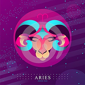 Modern magic witchcraft card with astrology Aries zodiac sign. Ram or mouflon head logo design