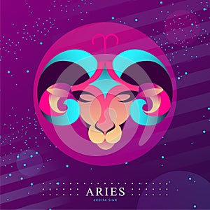 Modern magic witchcraft card with astrology Aries zodiac sign. Ram or mouflon head logo design photo