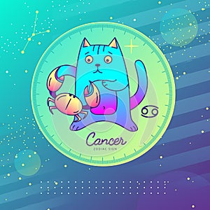 Modern magic witchcraft card with astrology Cancer zodiac sign. Cartoon zodiac sign. Funny cat