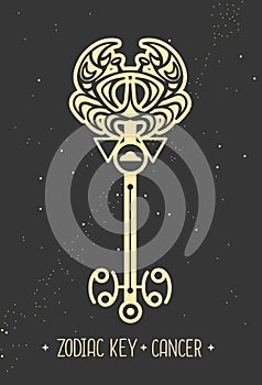Modern magic witchcraft card with astrology Cancer zodiac sign. Magic key silhouette