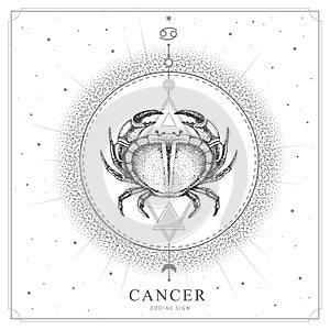 Modern magic witchcraft card with astrology Cancer zodiac sign. Realistic hand drawing crab illustration