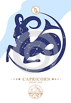 Modern magic witchcraft card with astrology Capricorn zodiac sign.