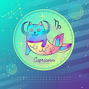 Modern magic witchcraft card with astrology Capricorn zodiac sign. Cartoon zodiac sign. Funny cat