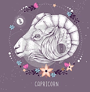 Modern magic witchcraft card with astrology Capricorn zodiac sign. Realistic hand drawing ram or mouflon head