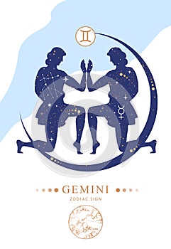 Modern magic witchcraft card with astrology Gemini zodiac sign.